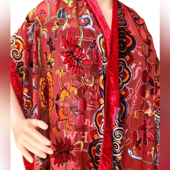 J&X NY Accessories - J&X NY Red Floral Silk Viscose Velvet Burnout Fringed Scarf Shawl Wrap 76x20